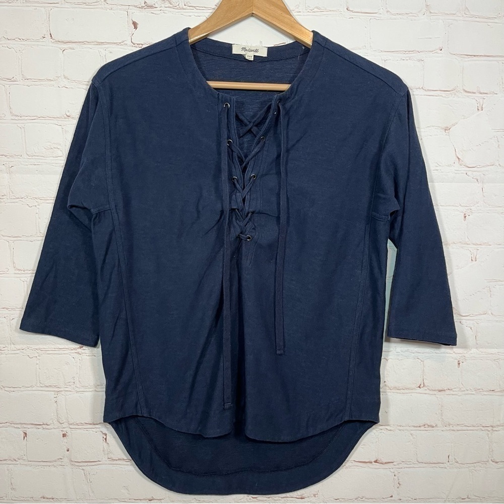 Madewell Libra Lace Up Top Shirt Womens Size XXS Navy Blue Blouse Grommet